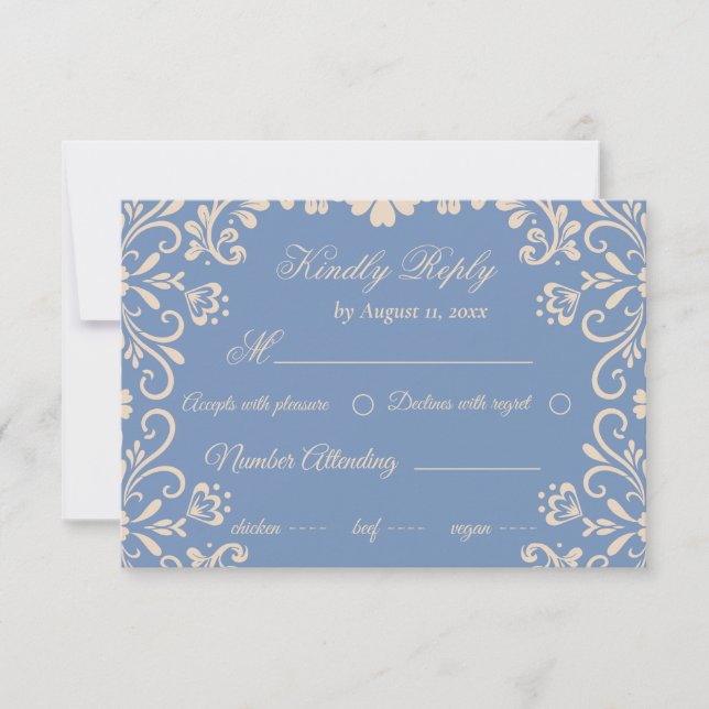 Elegant Neutral Dusty Blue Wedding RSVP Card (Front)