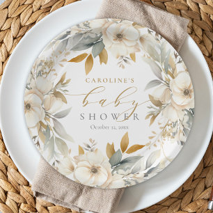 Elegant Neutral Floral Baby Bloom Baby Shower Paper Plate