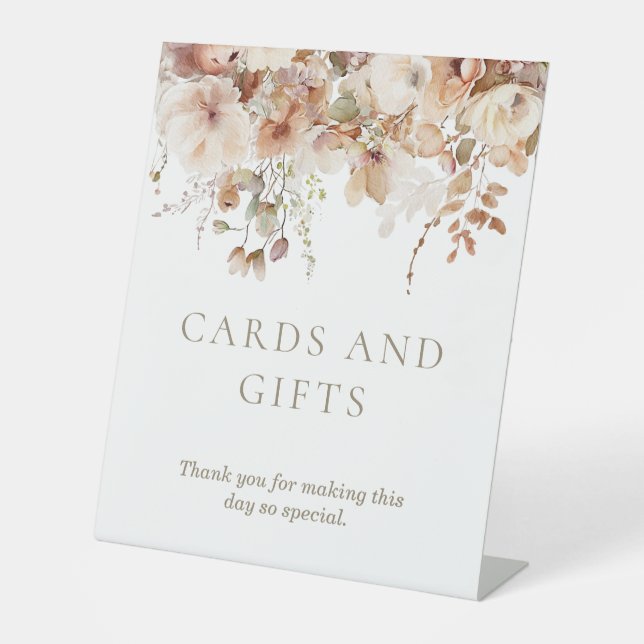Elegant Neutral Floral Bridal Shower Cards Gifts Pedestal Sign (Front)