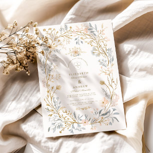Elegant Neutral Floral Crest Wedding Invitation