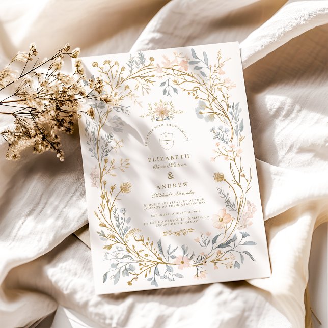 Elegant Neutral Floral Crest Wedding Invitation (Creator Uploaded)