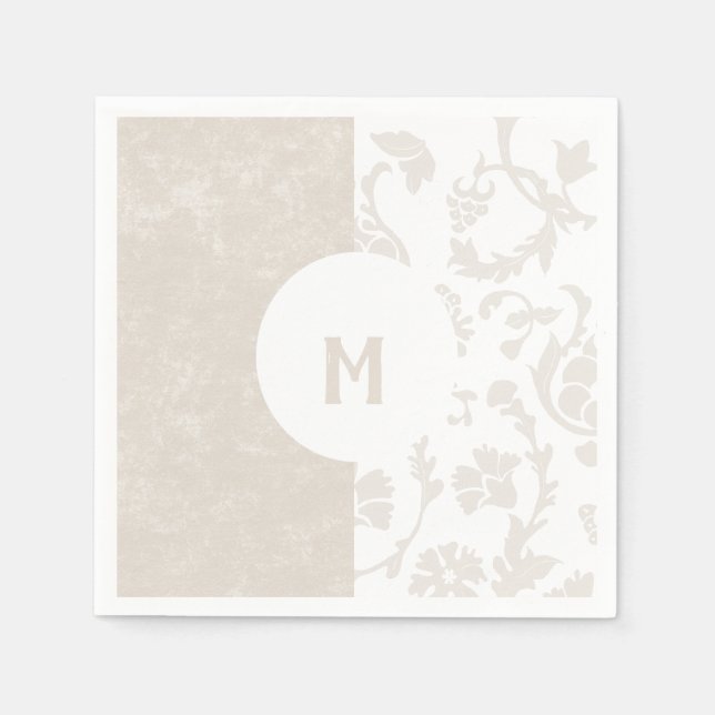 Elegant Neutral Floral Damask Monogram Party Napkin (Front)