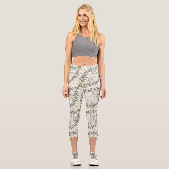 Elegant Neutral Floral Pattern Capri Leggings (Front)