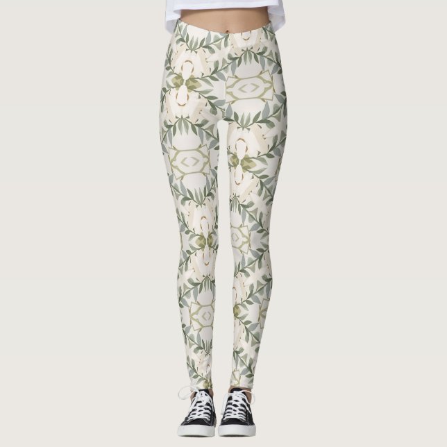Elegant Neutral Floral Pattern Leggings (Front)