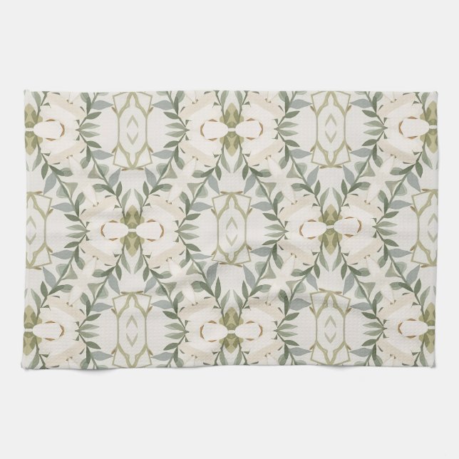 Elegant Neutral Floral Pattern Tea Towel (Horizontal)