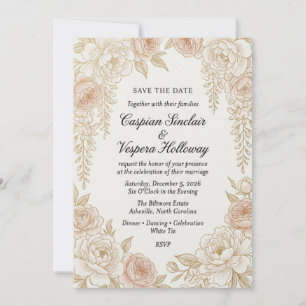 Elegant Neutral Floral Save the Date Card Vintag