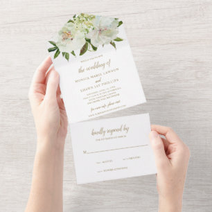 Elegant Neutral Floral White Ivory Gold Wedding All In One Invitation
