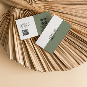 Elegant Neutral Green QR Code Boho Chic Modern Business Card