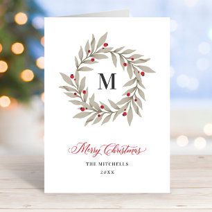 Elegant Neutral Greenery Wreath Monogram Christmas Holiday Card