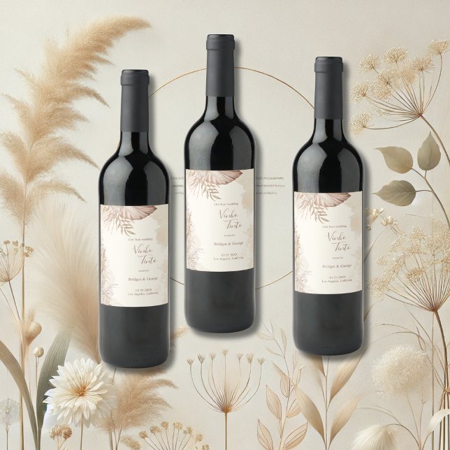 Elegant Neutral Pampas Grass Wedding Wine Label (Creator Uploaded)