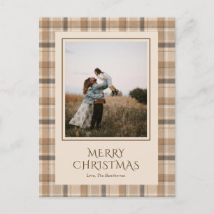 Elegant Neutral Tartan Plaid Photo Christmas Holiday Postcard