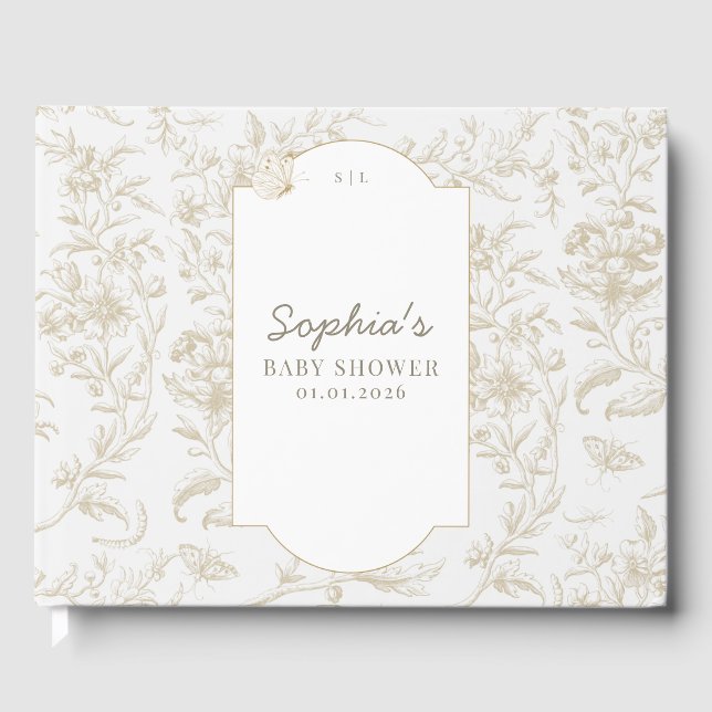 Elegant Neutral Toile Print Baby Shower Guest Book (Front)
