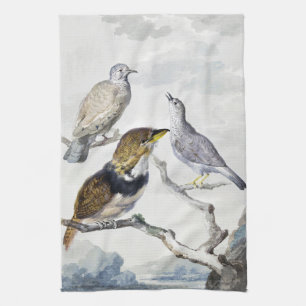 Elegant Neutral Tone Birds on Branch Art Tea Towel