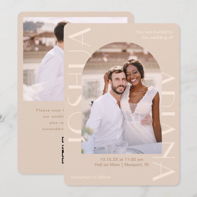 Elegant Neutral Two Photo QR Rsvp Wedding Invitation (Front/Back)