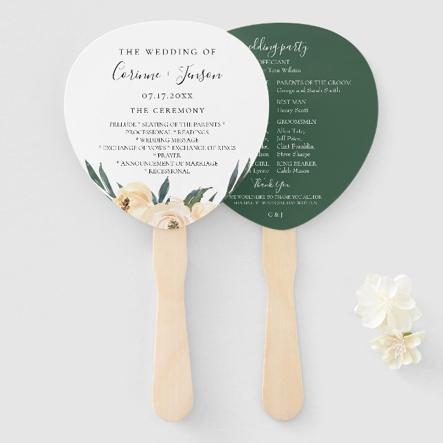 Elegant Neutral Watercolor Floral Wedding Program Hand Fan (Front and Back)