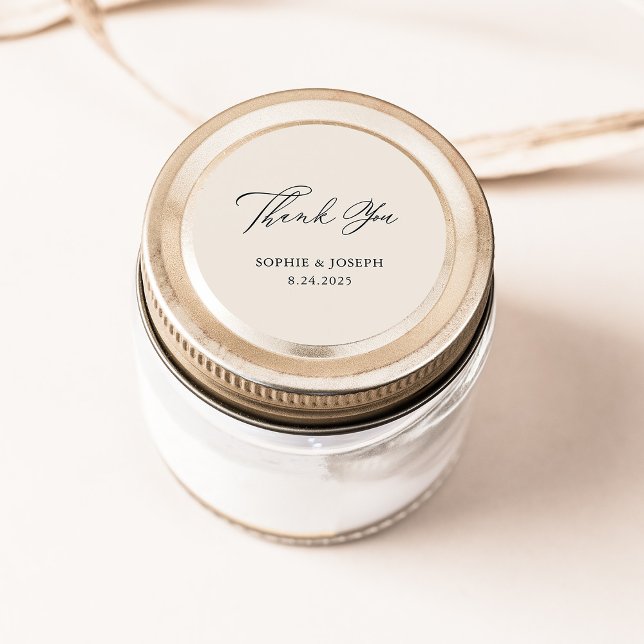 Elegant Neutral Wedding | Thank You Classic Round Sticker (An elegant, neutral wedding favor sticker that says "thank you" in swirly modern calligraphy)