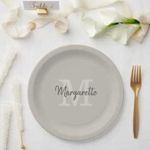 Elegant Neutrals Name and Initial Monogram  Paper Plate