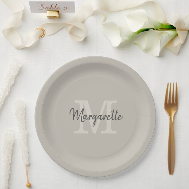 Elegant Neutrals Name and Initial Monogram  Paper Plate (Wedding)