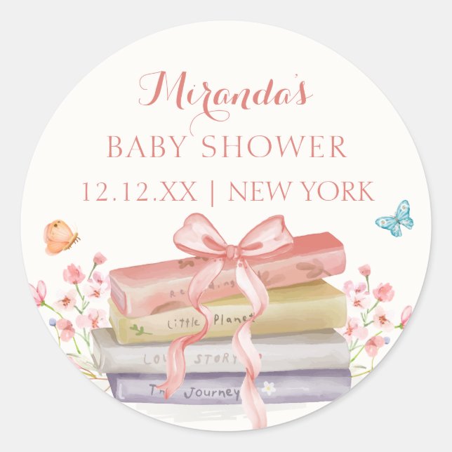 Elegant New Chapter Floral Bow Book Baby Shower Classic Round Sticker (Front)