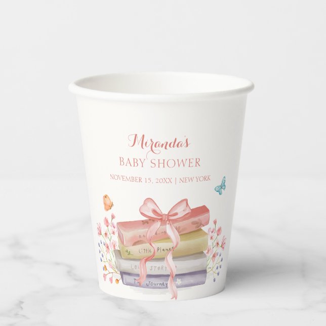 Elegant New Chapter Floral Bow Book Baby Shower Paper Cups (Front)