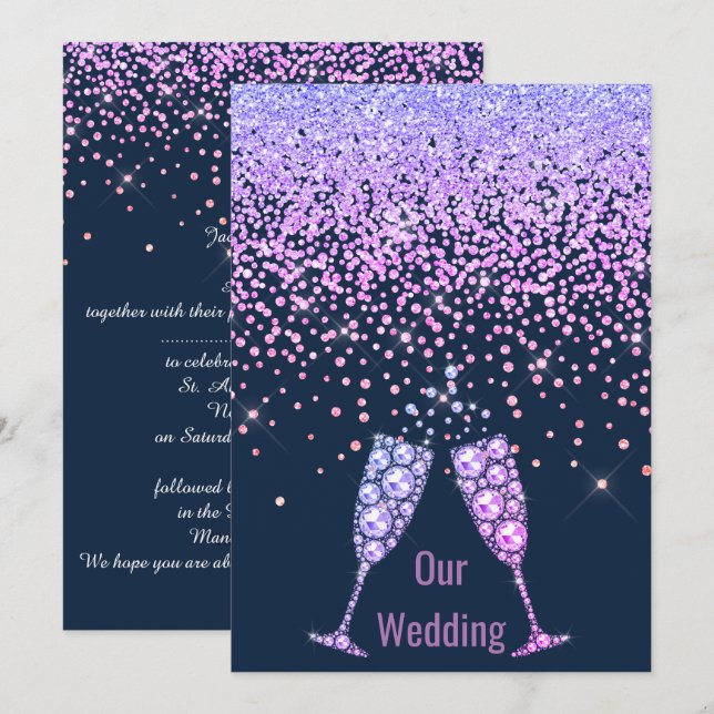ELEGANT New crystal diamond wedding NAVY PURPLE Invitation (Front/Back)
