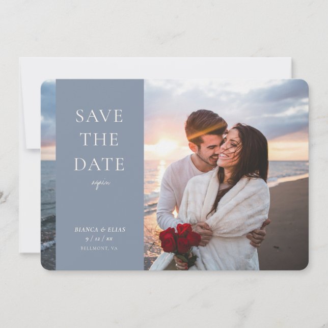 Elegant New Date Modern Script Photo Dusty Blue Save The Date (Front)