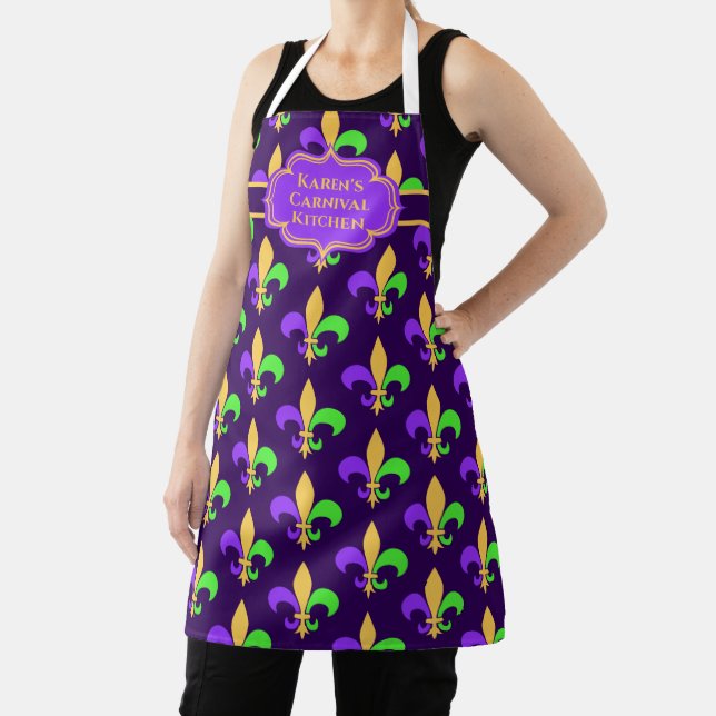 Elegant New Orleans Colours Mardi Gras Fleur de Li Apron (Insitu)