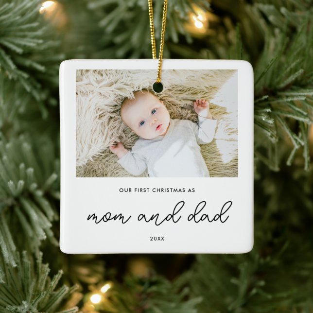Elegant New Parents 1st Christmas Baby Photo  Ceramic Ornament (Tree)