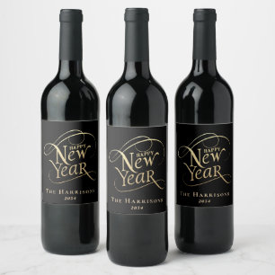 Elegant New Year Black Gold Wine Label
