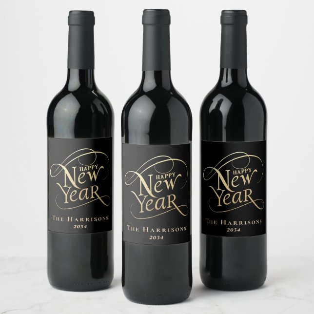 Elegant New Year Black Gold Wine Label (Bottles)