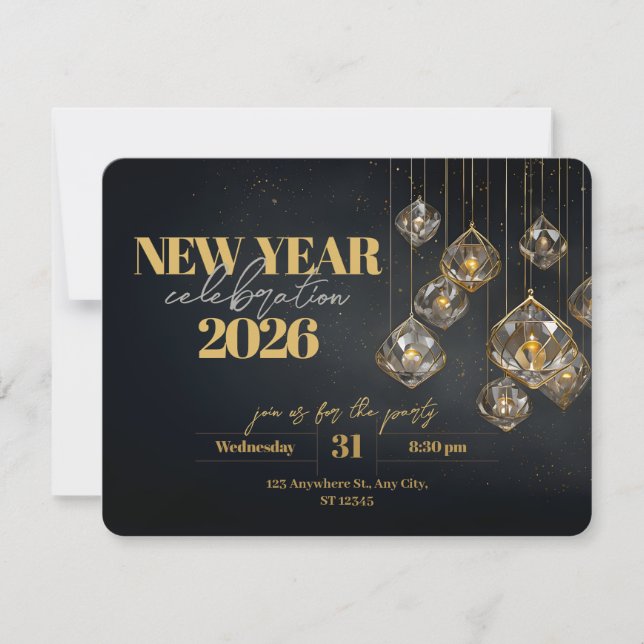 Elegant New Year Crystal and Gold Lanterns Invitation (Front)