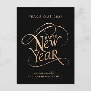 Elegant New Year Peace Out 202 Black Gold Holiday Postcard