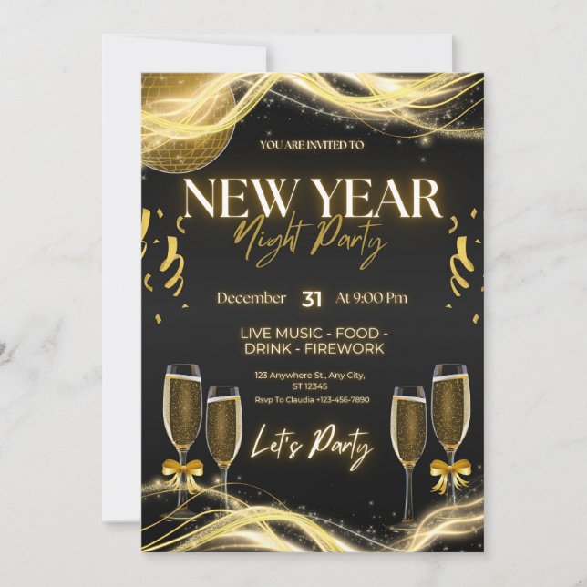 Elegant New Year’s Eve Party Invitations – Gold &  (Front)