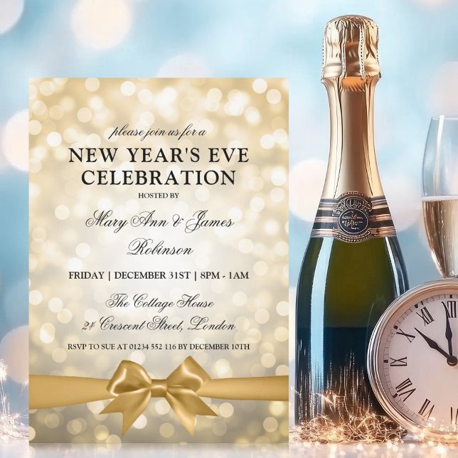 Elegant New Years Eve Gold Bokeh Lights Bow Invitation (Elegant New Years Eve Gold Bokeh Lights Bow Invitation)