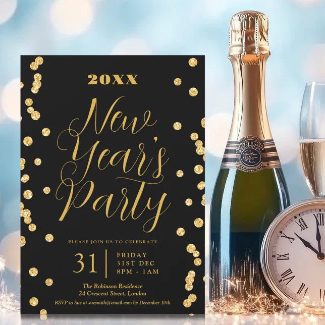 Elegant New Years Eve Gold Glitter Confetti Black Invitation | Zazzle