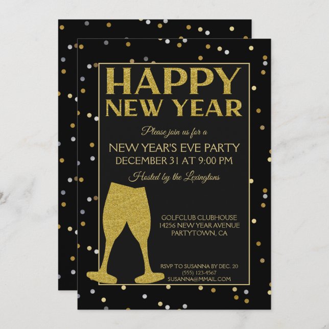 Elegant New Years Eve Party Glitter Confetti Invitation (Front/Back)