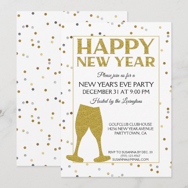 Elegant New Years Eve Party Glitter Confetti Invitation (Front/Back)