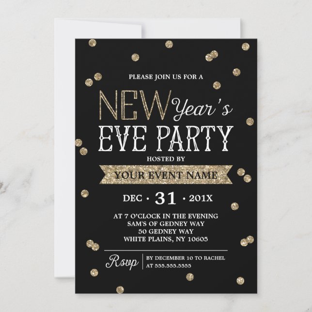 Elegant New Year's Eve Party Gold Glitter Confetti Invitation (Front)