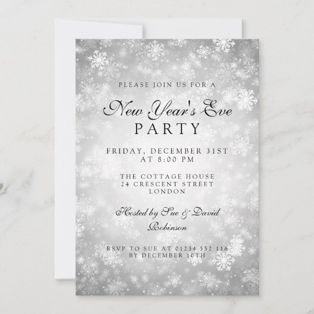 Elegant New Years Eve Party Silver Winter Invitation (Front)