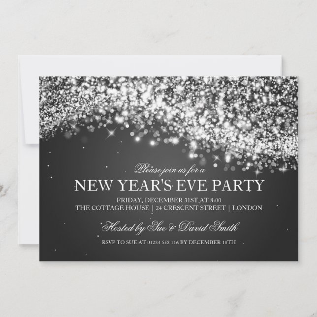 Elegant New Years Eve Party Sparkling Wave Black Invitation (Front)