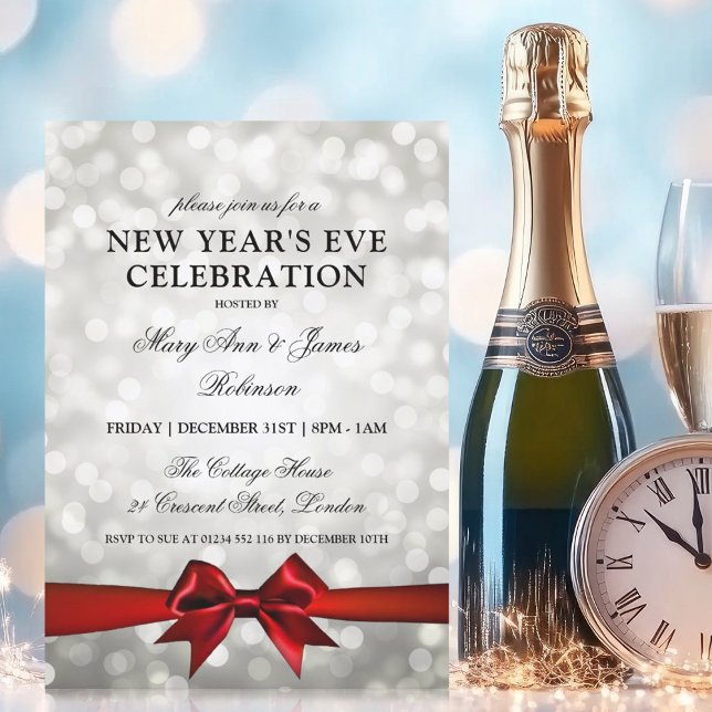 Elegant New Years Eve Silver Bokeh Lights Red Bow Invitation (Elegant New Years Eve Silver Bokeh Lights Red Bow Invitation)