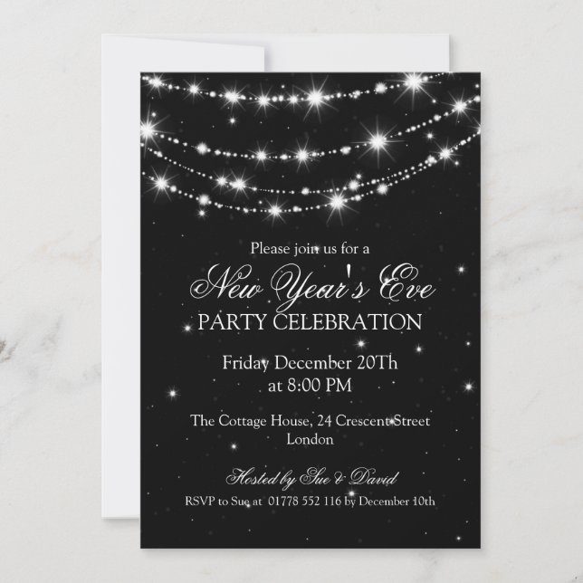 Elegant  New Years Eve Sparkling Chain Black Invitation (Front)