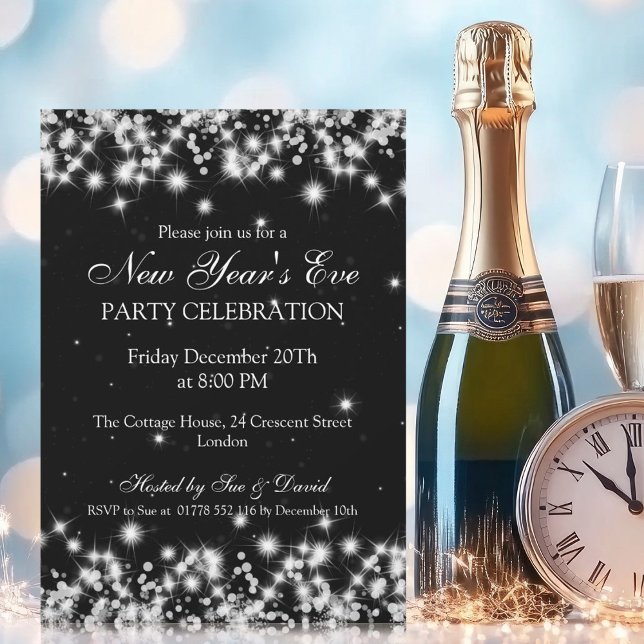 Elegant  New Years Eve Winter Sparkle Black Invitation (Elegant New Years Eve Winter Sparkle Black Invitation)