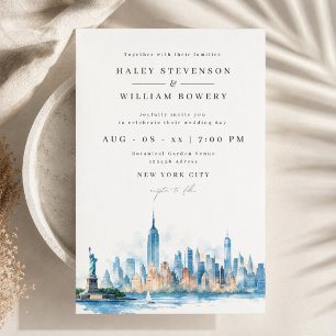 ​Elegant New York City Skyline Watercolor Wedding Invitation