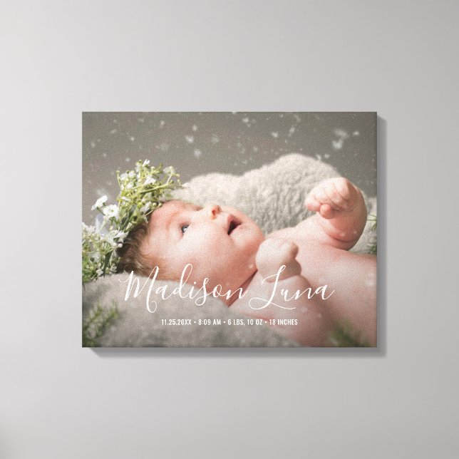 Elegant Newborn Baby Girl Nursery Birth Photo Canvas Print (Front)