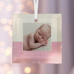 Elegant Newborn Baby Girl Photo Pink Keepsake Glass Tree Decoration<br><div class="desc">A classic baby photo birth announcement Christmas ornament in pretty pink with beautiful cursive typography above your sweet newborn photograph. Customise this gift with your favourite photo of your new infant to give to new grandparents or parents. Add the birth date in white script for a baby's 1st Christmas keepsake....</div>