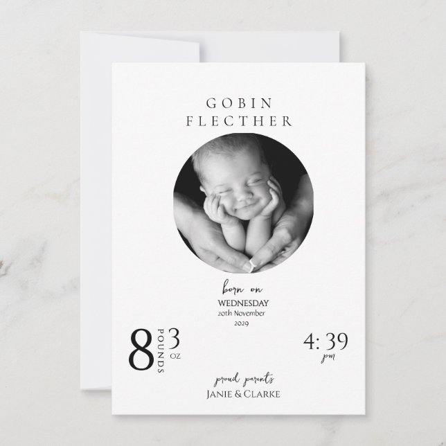 Elegant Newborn Details and Photo Birth  Announcement (Front)