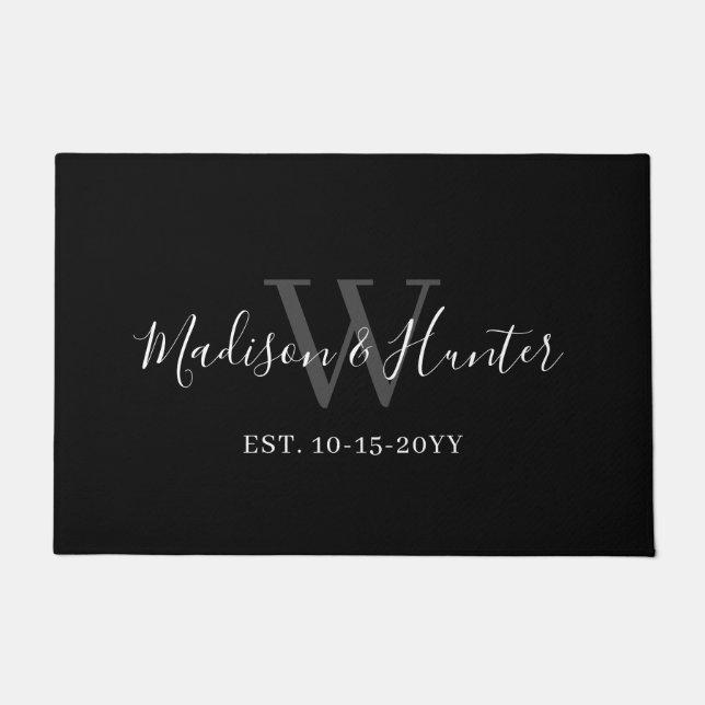Elegant Newlywed Black White Script Monogram Name Doormat (Front)