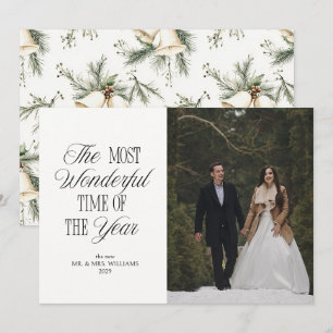 Elegant Newlywed Christmas Bells Photo Holiday Card