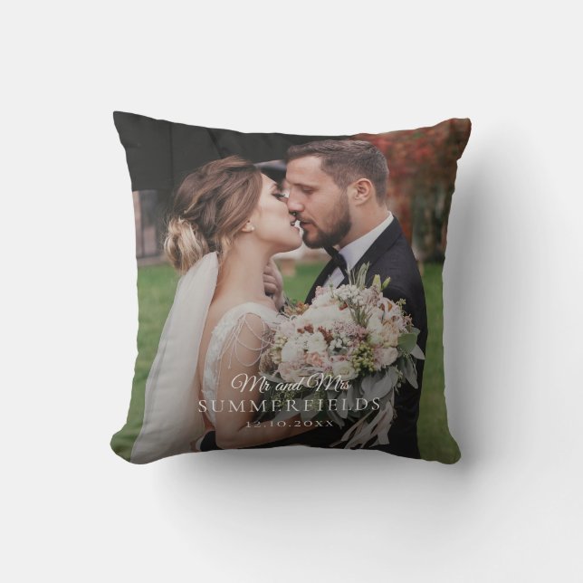 Elegant Newlywed Couple Wedding Photo Monogram Cushion (Front)